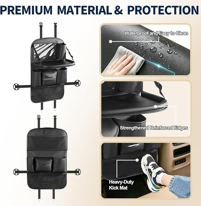 2 Pack Backseat Car Organizer with Foldable Tray Table, PU Leather Seat Back Organizer with Tablet Holder, Large Storage Pockets, Waterproof Kick Mat & Seat Back Protector for Cars, SUVs & Minivans
