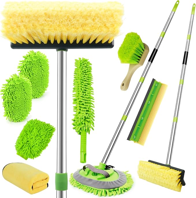 62" Car Wash Brush with Long Handle, Chenille Microfiber Car Wash Mop Mitt, Wheel Brush, Windshield Window Squeegee, Microfiber Towel, Gloves, Car Cleaning Brush Kit Supplies for Car,Truck,SUV,RV,Boat