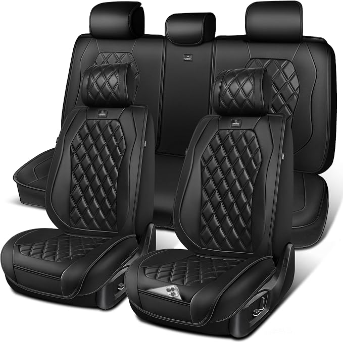 CAR PASS Luxury Nappa Leather Car Seat Covers Full Set, 3D Rhombus Waterproof Premium Leather Seat Covers, Universal Automotive Seat Cushion Fit for Sedan SUV Truck Van, Airbag Compatible Solid Black