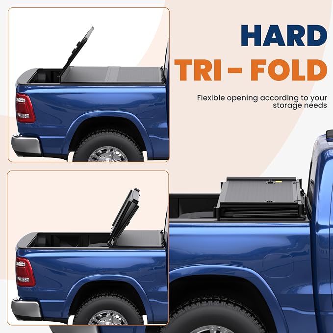 KUIPERAUTO 6.4FT FRP Hard Tri Truck Bed Cover Compatible for 2009-2026 Dodge Ram 1500 (w/o Ram Box) 6.4 FT Tonneau Cover