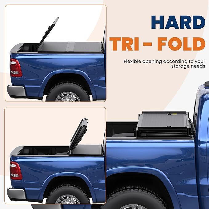 KUIPERAUTO 5.7ft Tri Hard Truck Tonneau Cover Compatible for 2009-2026 Dodge Ram 1500 Classic & New Body (w/o Ram Box)-5.7 FT Bed On Top 67.4 inch Bed Cover