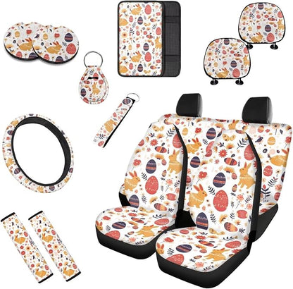 13 Set Easter Egg Rabbit Car Seat Cover Full Set, Ditsy Flower Bunny Breathable Decor, Easter Day Floral Seat Belt Pads Universal Car Seat Cover Steering Wheel Cover
