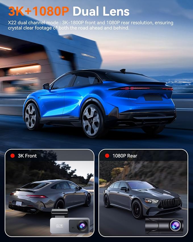 Dash Cam Front and Rear, 4K Front Dash Cam, 3K+1080P Dual Dash Camera for Cars, Built-in WiFi, Car Dashcams with Night Vision, Free 64GB Card, 24H Parking Mode, App Control, Silvery