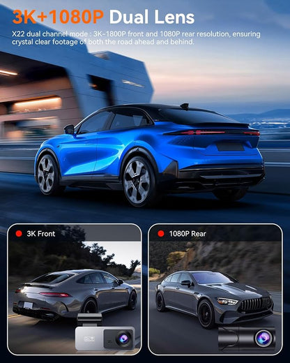 Dash Cam Front and Rear, 4K Front Dash Cam, 3K+1080P Dual Dash Camera for Cars, Built-in WiFi, Car Dashcams with Night Vision, Free 64GB Card, 24H Parking Mode, App Control, Silvery