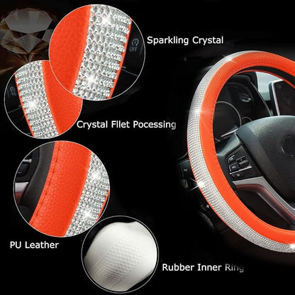 New Diamond Leather Steering Wheel Cover with Bling Bling Crystal Rhinestones, Universal Fit 15 Inch Car Wheel Protector for Women Girls Orange