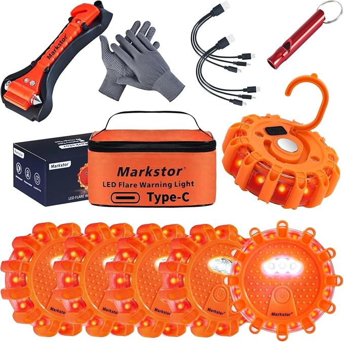 Led Road Flares 6 Pack LED Flares Emergency Kit, USB Recharge Amber LED Flares Warning Light with Magnetic, Roadside Safety Disc Flares Kit with Breaker,Whistle for Vehicle (6 Pack Parts)