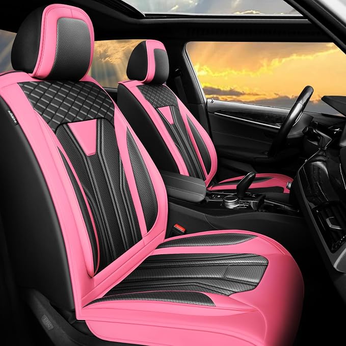 Fit Renegade Car Seat Covers for Jeep Renegade 2015-2024 -Full Set Premium Leather, Waterproof & Breathable，All-Weather Seat Cushion Protecto & Airbag Compatible, 5 Seats Pink&Black