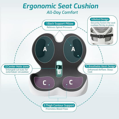 Trucker Seat Cushion, Car Seat Cushions with Lumbar Support Pillow, Ergonomic L-Shaped Orthopedic Memory Foam Pad for Long Driving Back Pain Sciatica Relief, Drivers Office Workers (Black+LGrey)