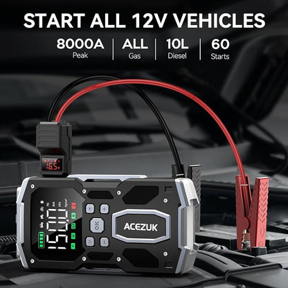 Portable Car Jump Starter with Air Compressor, ACEZUK 160PSI 8000A Jump Starter (All Gas/10.0L Diesel), 12V Battery Jump Box Car Battery Jumper Starter with 3.4" LCD Display, 2 Lights