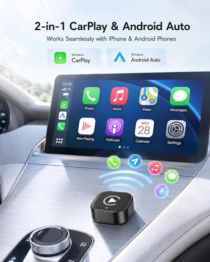 USB-C Wireless CarPlay & Android Auto Adapter, 2-in-1 Plug-in Adapter for Factory Wired CarPlay/Android Auto Cars, Converts Wired to Wireless, Auto Reconnect, 5GHz WiFi, USB Adapter Included