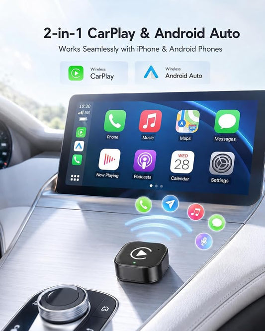 USB-C Wireless CarPlay & Android Auto Adapter, 2-in-1 Plug-in Adapter for Factory Wired CarPlay/Android Auto Cars, Converts Wired to Wireless, Auto Reconnect, 5GHz WiFi, USB Adapter Included