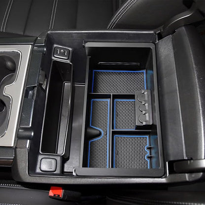EDBETOS Center Console Organizer Tray Compatible with GMC Sierra 1500 Accessories/Silverado 1500 2014-2018 / Silverado 2500/3500 HD 15-19 /Suburban/Tahoe/Yukon 15-20 Armrest Storage Box (Blue Trim)