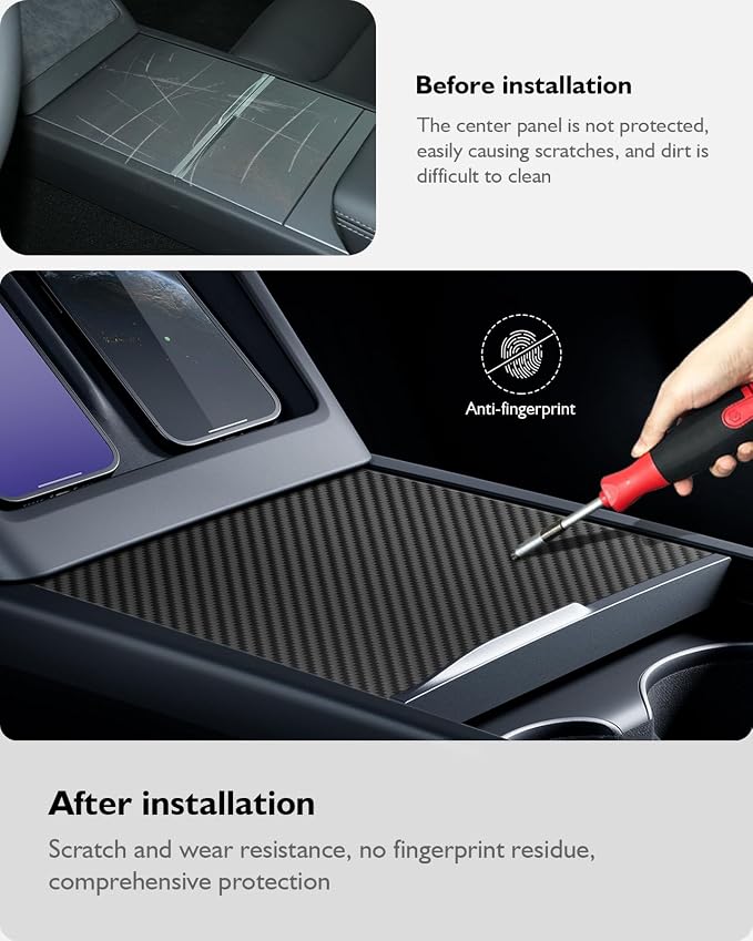 Farmogo Center Console Carbon Fiber Wrap Kit for Tesla Model Y Juniper 2025-2026 & Model 3 Highland 2024-2026 Accessories 3PCS Center Console Cover Interior Decoration Wrap Kit (Matte Carbon Fiber)