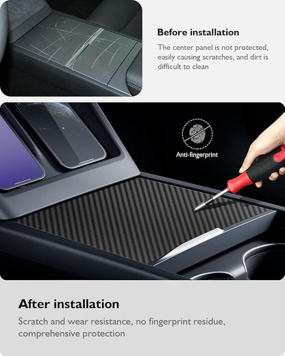 Farmogo Center Console Carbon Fiber Wrap Kit for Tesla Model Y Juniper 2025-2026 & Model 3 Highland 2024-2026 Accessories 3PCS Center Console Cover Interior Decoration Wrap Kit (Matte Carbon Fiber)