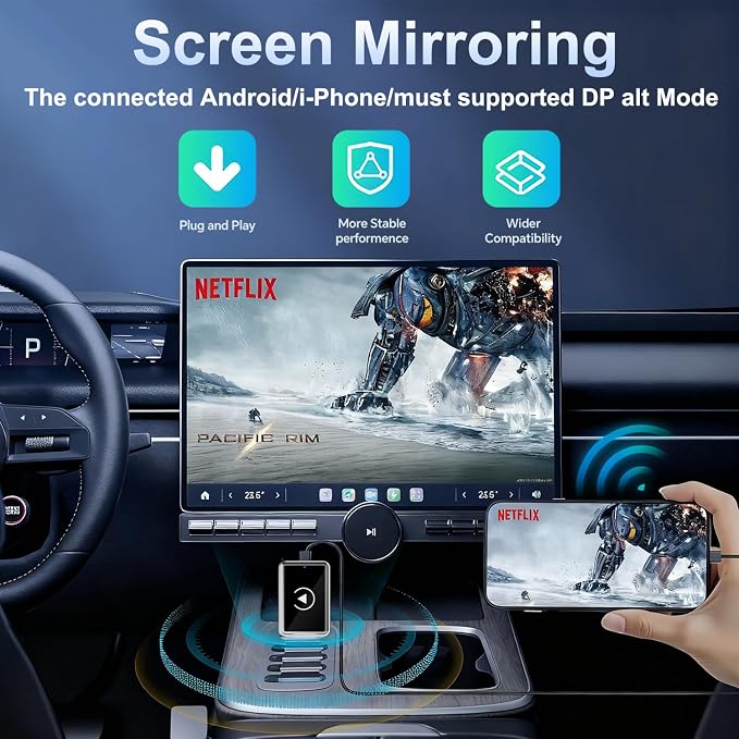 Wireless CarPlay Adapter with Screen Mirroring for Any Apps (YouTube/N-etflix/TikTok) from Phone to in-Vehicle Infotainment Display Screen,Convert Factory Wired CarPlay to Wireless