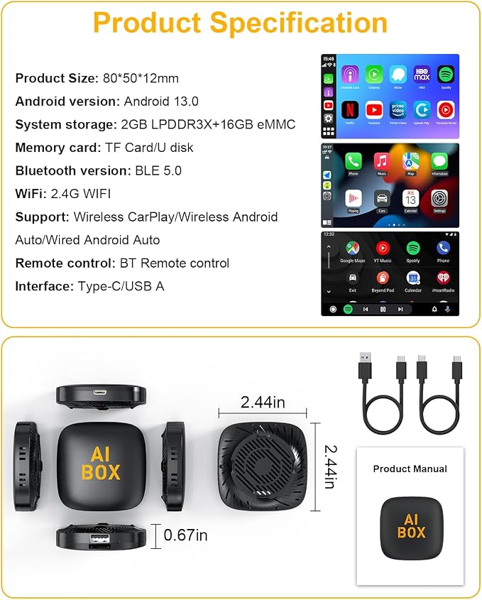 Wireless CarPlay Adapter, 2025 Upgraded 5-in-1 Apple CarPlay Wireless and Android Auto Adapter Support Netflix/YouTube/TF Card, Magic Car Play Ai Box for Cars from 2016 & iPhone iOS10+ Android