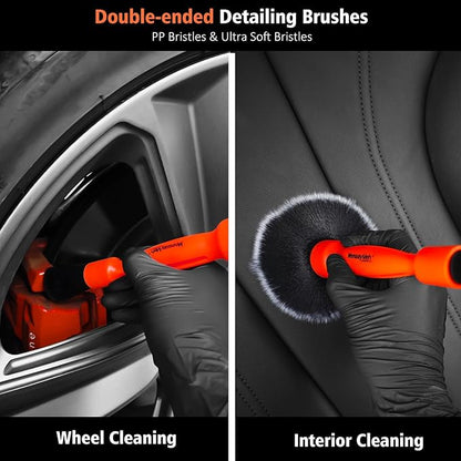 YeewayVeh 4PCS Car Wheel Cleaning Kit, 2-Size Bendable Microfiber Wool Wheel Brush Set, Tire Brush, Double-Ended Detailing Brush, Soft Non-Metallic Rim Cleaner Brushes for All Wheel Types