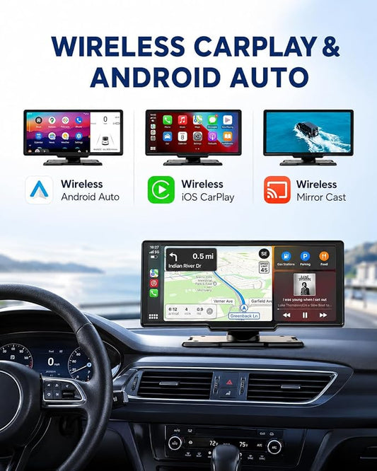 10.26" Apple Carplay Screen for Car, Wireless Portable Car Play & Android Auto HD Touch Screen, 4K Dash Cam, 1080P Backup Camera, Bluetooth 5.0, FM/Mirror Link/GPS Navigation, for All Vehicles