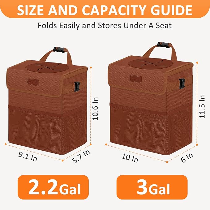 Vankor Car Trash Can, Brown, 2.2 Gallons Capacity, Waterproof, Polyester Material, Adjustable Strap, Hanging Design, Leakproof Lining, 100% PEVA Thickness