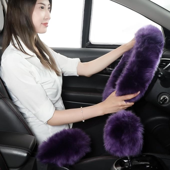 Fuzzy Genuine Sheepskin Steering Wheel Cover Set for Women Parents-Fluffy Soft Australian Merino Wool Wrap with Gear Shift and Hand Brake Covers, Cozy Stylish Luxury Car Accessories (Dark Purple)