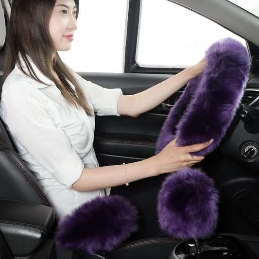 Fuzzy Genuine Sheepskin Steering Wheel Cover Set for Women Parents-Fluffy Soft Australian Merino Wool Wrap with Gear Shift and Hand Brake Covers, Cozy Stylish Luxury Car Accessories (Dark Purple)