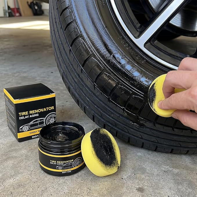 Car Tire Shine with Sponge, 2026 New Tire Shine Cream, Car Tire Ceramic Coating for Deep Black Gloss, Tyre Nourish Cream Tire Wax with UV Blocking Dust (2)