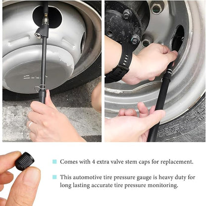 Dual Head Tire Pressure Gauge, Heavy Duty Extended Tube Pen Air Gauges Range 10-150PSI 1-10Bar, Straight-On Foot Pressure Checker for Car Semi Truck RV Van Motorcycle Tires