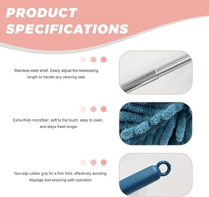 2PCS Car Interior Duster with Extension Pole, 11.8 to 30.5 Inch Retractable Dusters Washable Car Interior Cleaning Brush, Soft Scratch-Free Chenille Auto Dash Vent Window Duster (Navy Blue)