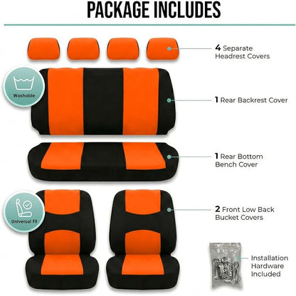 FH Group Bright Flat Cloth Full Set Automotive Seat Covers Front Set and Rear Solid Bench Orange Black Seat Covers w. Gift Universal Fit Interior Accessories for Cars Trucks and SUVs