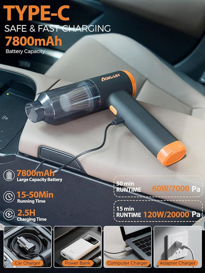 aokway Car Vacuum Portable Cordless 20000PA Powerful Suction, 7800mAh Mini Vacuum Cleaner for Car, Electric Air Duster & Blower, Mini Handheld Vacuum 4-in-1 Rechargeable for Home, Office Desk Cleaning