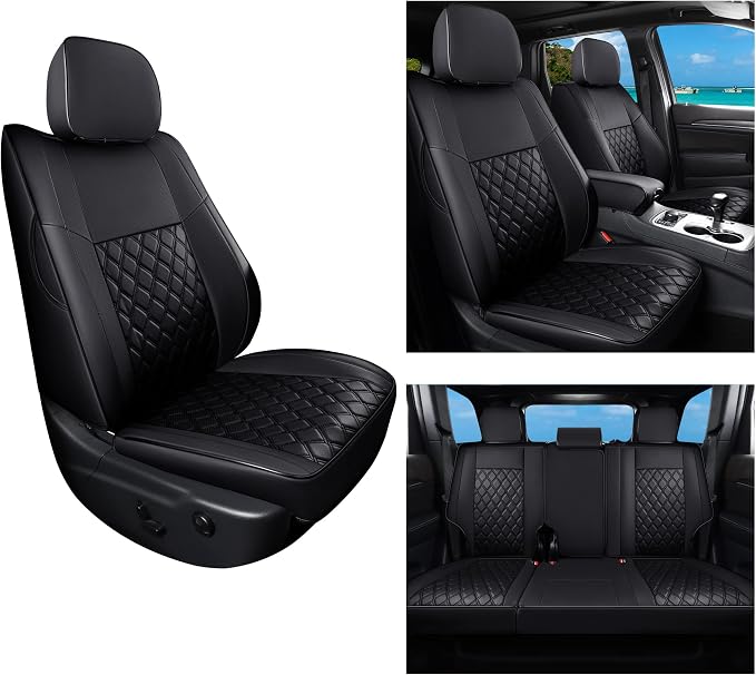 Huidasource Upgrade Grand Cherokee Seat Covers, Full Coverage Waterproof Leather Car Seat Covers, Custom Seat Cushion Protector Fit for Jeep Grand Cherokee 2011-2021 (Full Set/Black)