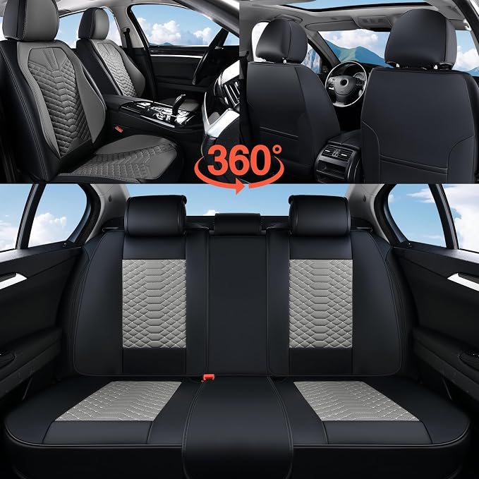 Coverado Seat Covers Full Set, Waterproof Nappa Leather Seat Covers for Cars, 5 Seats Universal Car Seat Protectors, Black and Gray Automotive Seat Covers Car Seat Cushions Fit for Most Cars