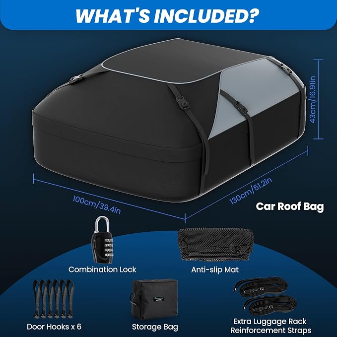 Waterproof Roof Top Bag 20 Cubic/550L | Universal Fit for Cars with/Without Racks | Storage Bag, Anti-Slip Mat, 6 Door Hooks, Combination Lock, Tool-Free Easy Install