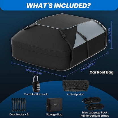 Waterproof Roof Top Bag 20 Cubic/550L | Universal Fit for Cars with/Without Racks | Storage Bag, Anti-Slip Mat, 6 Door Hooks, Combination Lock, Tool-Free Easy Install