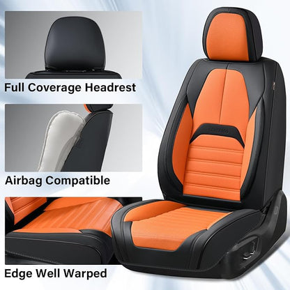 Coverado Waterproof Nappa Leather Car Seat Covers, Automotive Seat Covers，Front Car Seat Cushion & Car Seat Protector, Seat Covers Universal Fit for Most Cars, SUVs,Trucks,Black&Orange