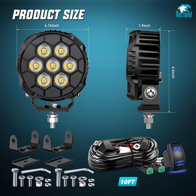 Nilight LED Pod Light 2 PCS 4.1 Inch 35 W 7 LED Round Hyper Spot Beam Offroad Driving Lights w/16 AWG Rocker Switch Wiring Harness Kit for Truck Motorbike Boat ATV UTV