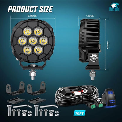 Nilight LED Pod Light 2 PCS 4.1 Inch 35 W 7 LED Round Hyper Spot Beam Offroad Driving Lights w/16 AWG Rocker Switch Wiring Harness Kit for Truck Motorbike Boat ATV UTV