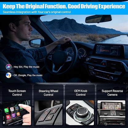 Wireless CarPlay Android Auto Retrofit Kit for BMW CIC System 1/2/3/4/5/7seriers X1/X3/X5/X6/E60/E61/E81/E90/F07/F10/F11/E84/E71/F25/E70 2008-2012,Support OEM Controls, Airplay Mirror,Reverse Camera