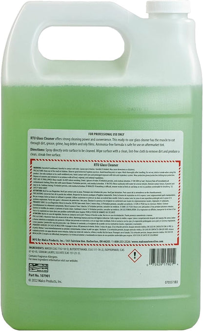Malco Ready-To-Use Glass Cleaner - Streak-Free Removal of Dirt, Grease, Oils, & Bug Debris from Glass, Chrome, Tile, Stainless Steel, Vinyl, Rubber/Ammonia-Free & Tint Safe / 1 Gallon (107901)