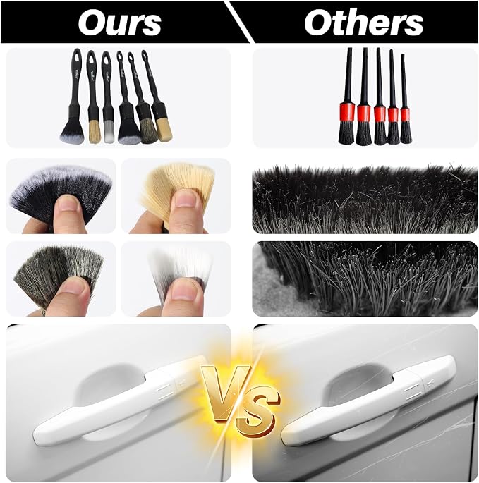 6 Pcs Interior Detailing Brush with Storage Bag - Car Detailing Brush Kit【Not Easy to Shed Bristles】- Automotive Interior Cleaning Brush for Air Vent, Leather Seat, Wheels, Emblems