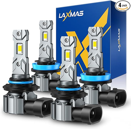 Laxmas 2025 Super Brightness 9005 H11 Bulb Combo, 56,000LM Brightness LED Light, HB3 and H8/H9 Bulbs, Wider Driving Vision, 6500K Cool White, Plug and Play, Pack of 4