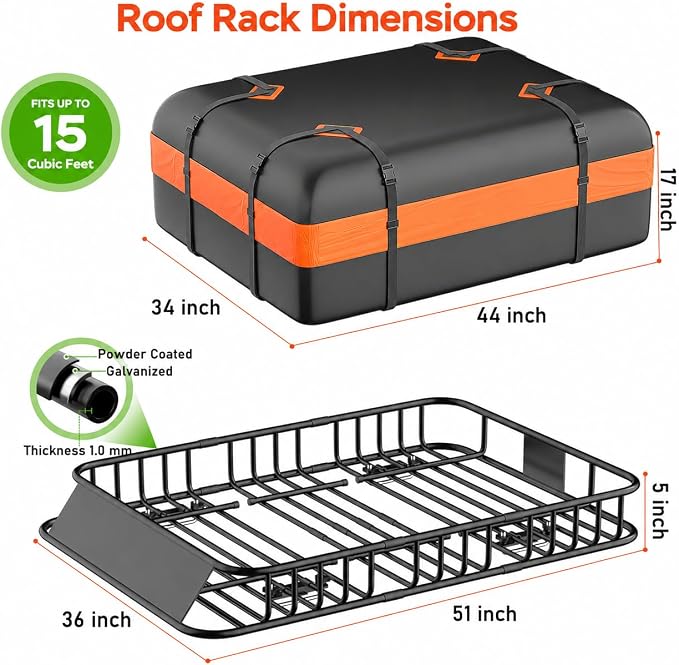 Roof Rack Carrier Basket 51" X 36" X 5" Universal Rooftop Cargo Basket - 200LB Capacity with 15 Cu.Ft Waterproof Bag, Heavy Duty Roof Rack for SUV/Truck/Van Cargo Carrier, Corrosion-Resistant Steel