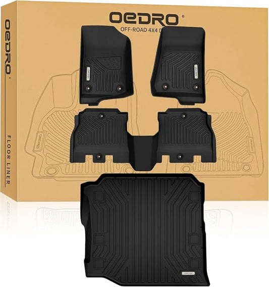 OEDRO Floor Mats Fit for 2018-2025 2026 Jeep Wrangler JL Unlimited 4-Door W/O Subwoofer (Not Fit for JK & 4XE), Custom Fit TPE All Weather Car Mats Full Set, 1st and 2nd Row & Cargo Liner, Black