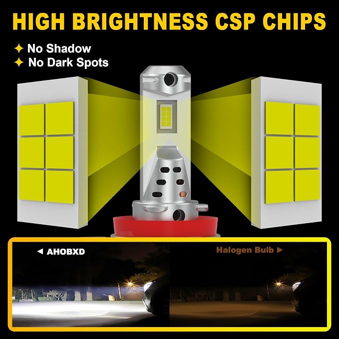 AHOBXD H11 Bulbs,Super Bright Upgraded 900% 80000LM Brightness Real 1:1 Halogen Size 100,000Hours Lifespan H11/H8/H9/H16 Quick Install No Adapter Flicker Free IP68 Waterproof Fog Lights Pack of 2