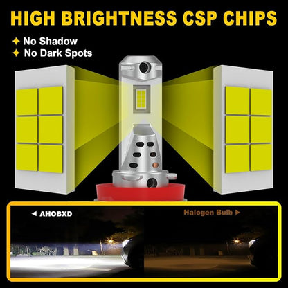 AHOBXD H11 Bulbs,Super Bright Upgraded 900% 80000LM Brightness Real 1:1 Halogen Size 100,000Hours Lifespan H11/H8/H9/H16 Quick Install No Adapter Flicker Free IP68 Waterproof Fog Lights Pack of 2