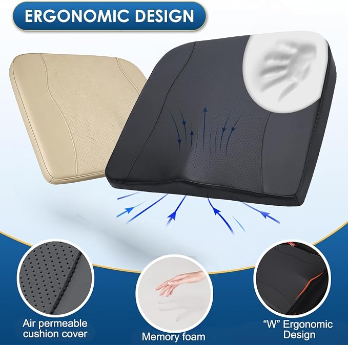 Car Seat Cushion,Thickened Comfort Memory Foam Seat Cushions for Car and Office Chair - Sciatica & Lower Back Pain Relief, Driver Seat Pillow for Auto, Office Chair, Wheelchair Pad-Beige