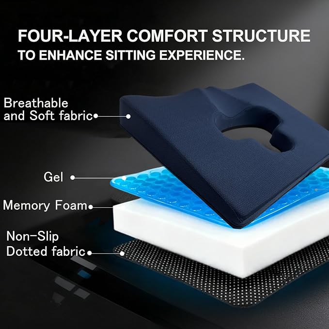 Gel Wheelchair Seat Cushion,Bed Sore Cushions for Butt,hemorrhoid pillow for Chair,Pressure Sore cushion,Memory Foam Butt Pillow,Sciatica,Coccyx,Pressure Ulcer Pain Relief,Washable Cover(Blue)