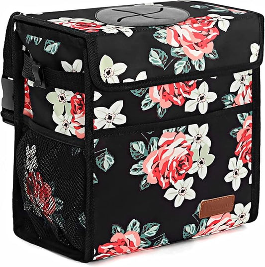 Femuar Car Trash Can Leak Proof Car Trash Bag Waterproof Car Garbage Can with Lid Collapsible and Portable with Storage Pocket, Large/Flower, 3 Gallons