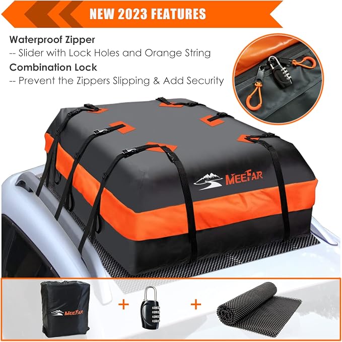 Car Roof Bag XBEEK Rooftop top Cargo Carrier Bag 20 Cubic feet Waterproof for All Cars with/Without Rack, Includes Anti-Slip Mat, 10 Reinforced Straps, 6 Door Hooks, Luggage Lock