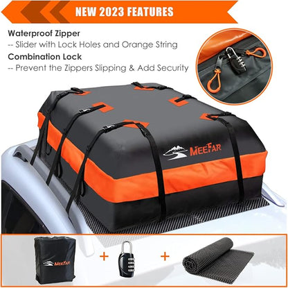 Car Roof Bag XBEEK Rooftop top Cargo Carrier Bag 20 Cubic feet Waterproof for All Cars with/Without Rack, Includes Anti-Slip Mat, 10 Reinforced Straps, 6 Door Hooks, Luggage Lock